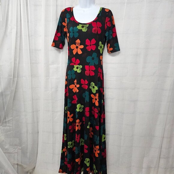 LuLaRoe Black Multi-Color Floral Maxi Dress Tee Boho Retro Grunge M - Picture 11 of 11